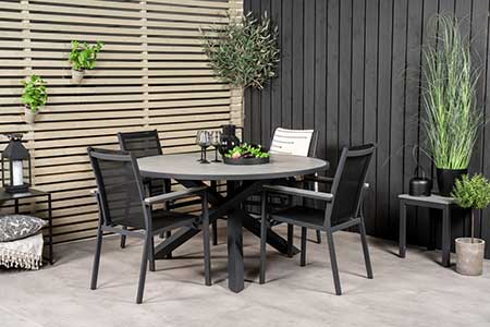table de jardin 4 personnes ronde en composite gris et aluminium noir